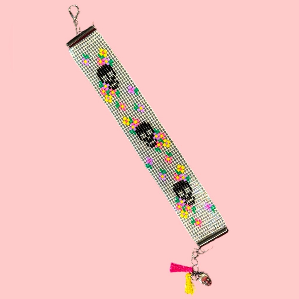 Hand crafted Dia de Los Muertos beaded loom adjustable bracelet with skull charm